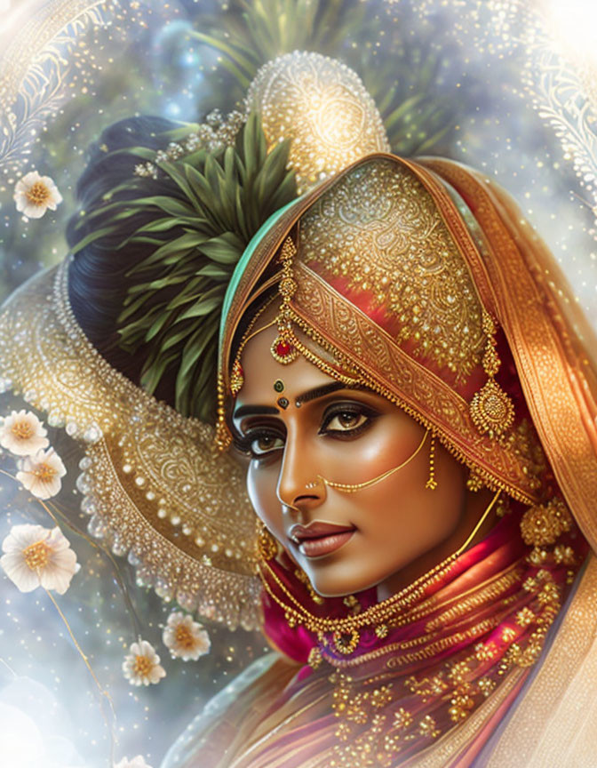 Indian bride in traditional attire with elaborate gold jewelry and floral motifs.