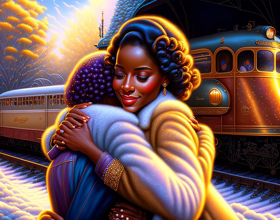 Illustration of couple embracing at train station with fireworks - warm reunion