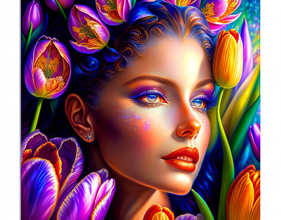 Colorful digital art of woman with blue eyes and vibrant tulips