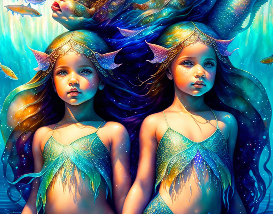 Illustration: Vibrant twin mermaid girls with blue hair and intricate scales in underwater scene