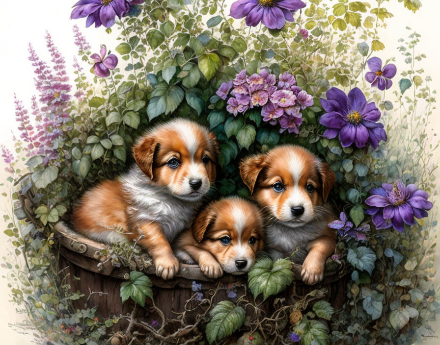 Three puppies in basket with colorful flowers and green foliage