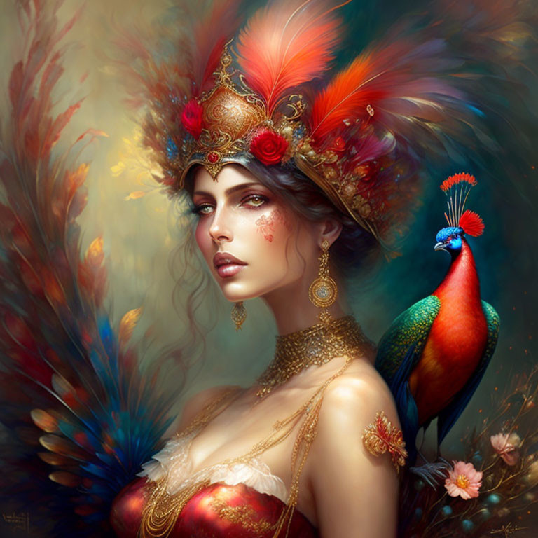 Detailed digital artwork: Woman with feathered headdress and peacock