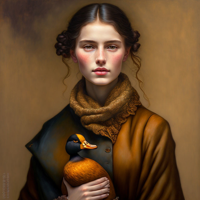 Portrait of woman with rosy cheeks, braided hair, golden scarf, duck, warm brown background