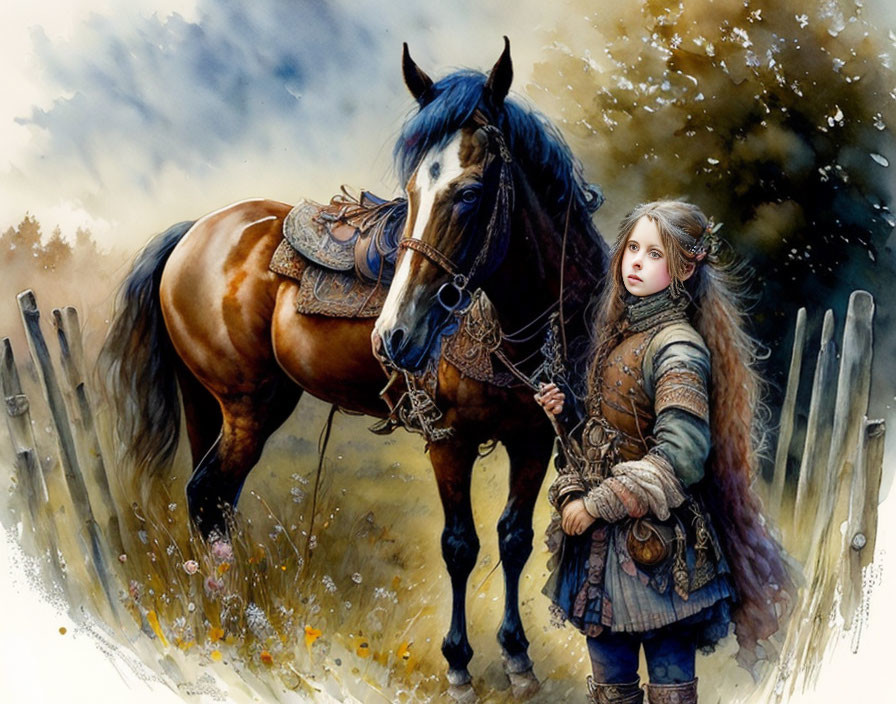 Medieval girl with bay horse in misty setting.