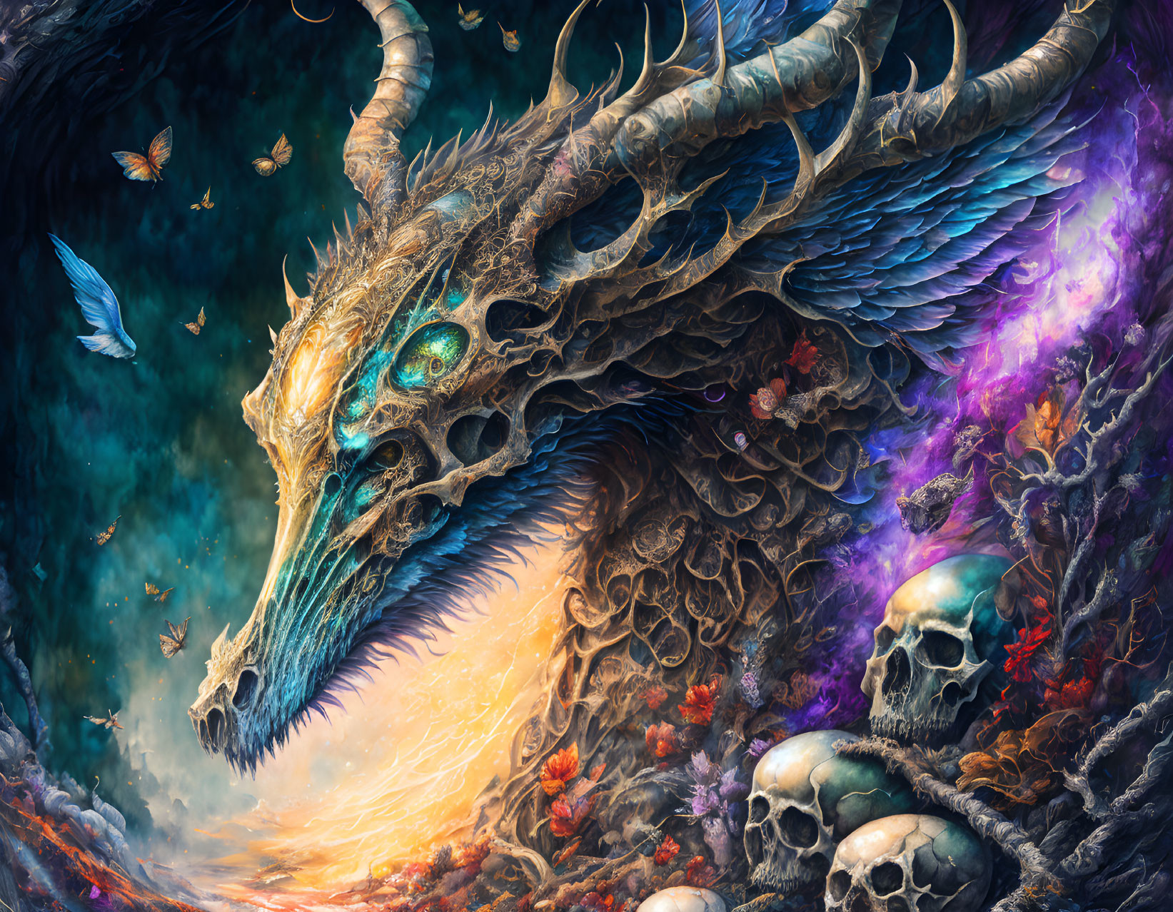 Colorful dragon with ornate horns and feathered wings in a fantasy landscape