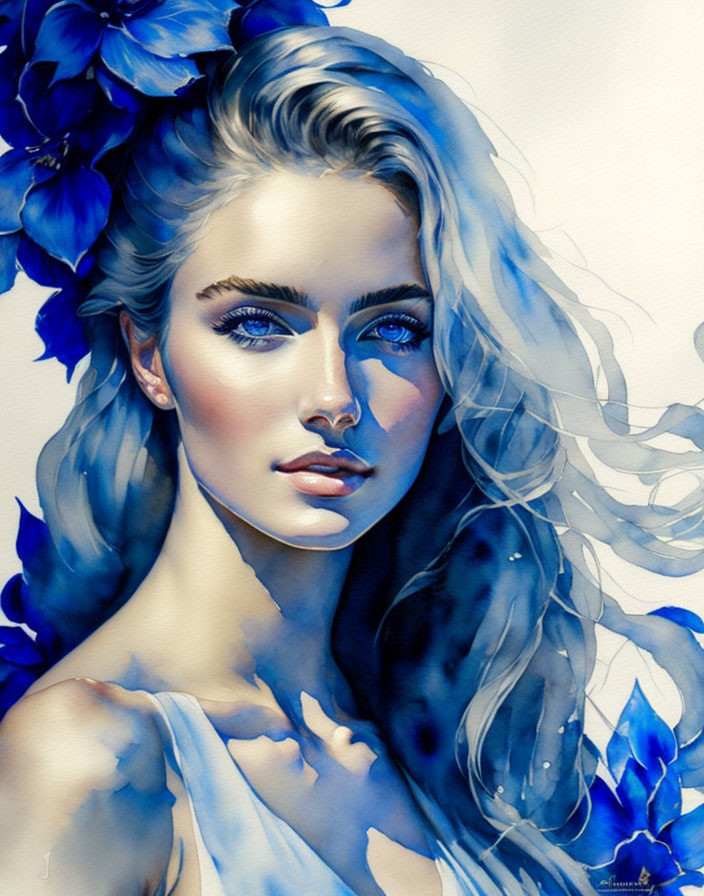 Blue-Toned Woman Portrait with Flowing Hair and Blue Flowers