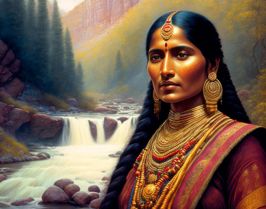 Illustrated portrait: Woman in traditional Indian attire with jewelry by serene waterfall.