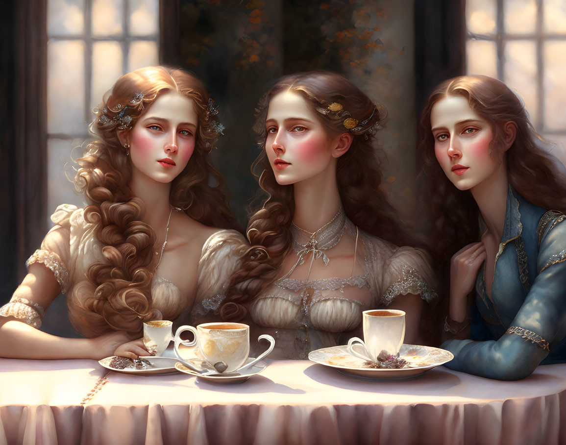 Three women with intricate hairstyles in refined historical setting