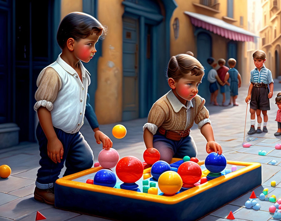 Children playing with colorful balls in a sandbox on a sunny street.