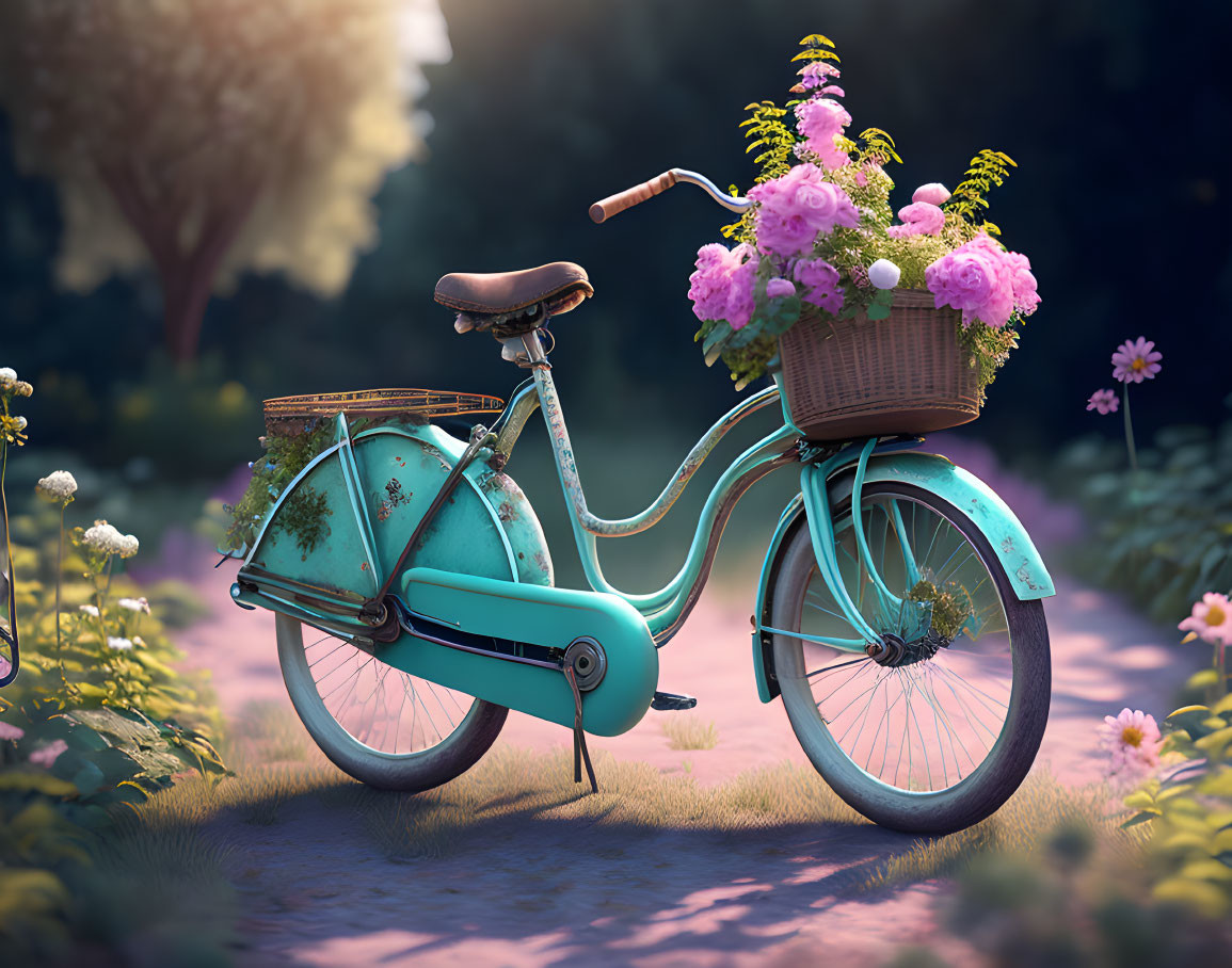 Vintage Teal Bicycle with Pink Flowers in Basket on Sunlit Path