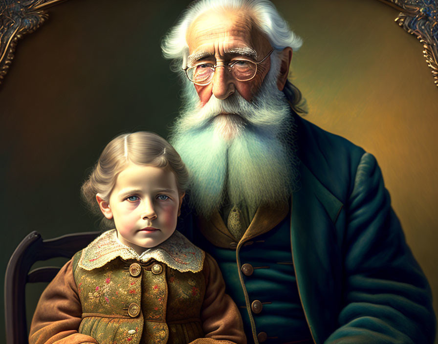 Elderly man with long white beard and child in vintage attire sitting together