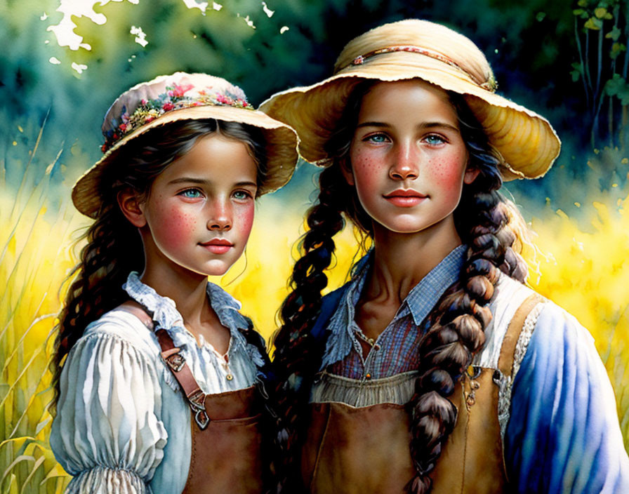 Two girls in sunhats and overalls in a field of yellow flowers.