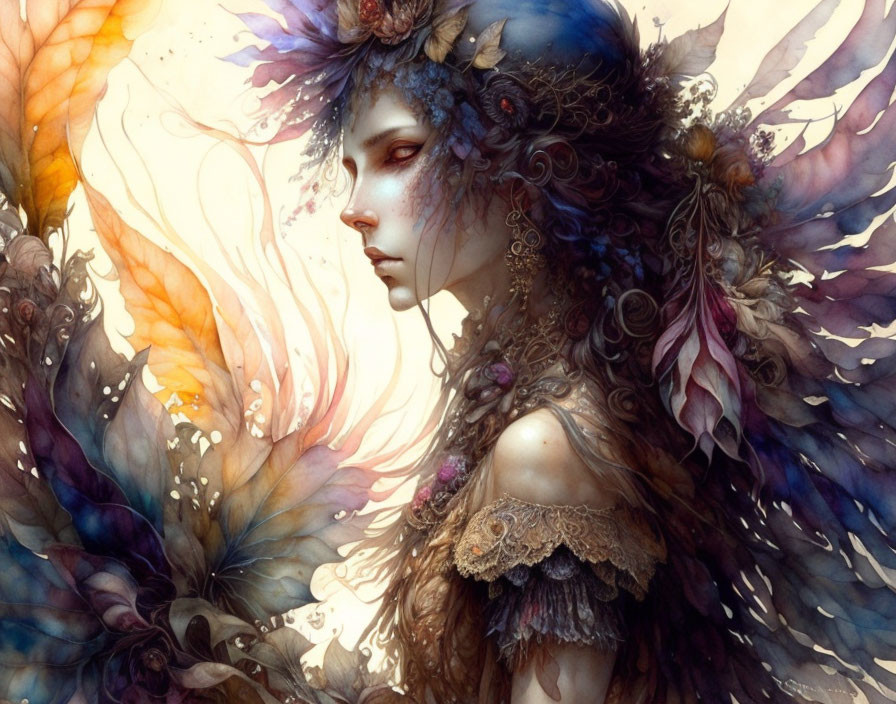 Ethereal woman with floral headpiece and vibrant wings in autumnal colors