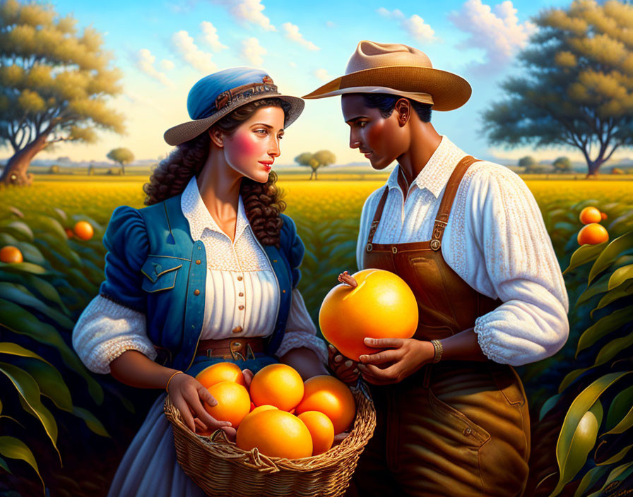 Vintage farm couple holding ripe orange in sunlit grove with basket and trees.