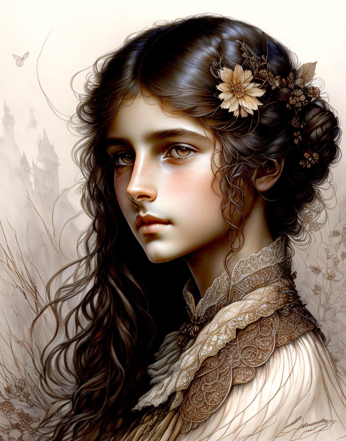 Detailed illustration: Young woman with long wavy hair, flowers, expressive eyes, lace collar, and