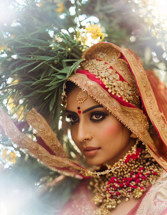 Traditional bridal attire woman in red and gold fabric with jewelry and makeup, surrounded by greenery.