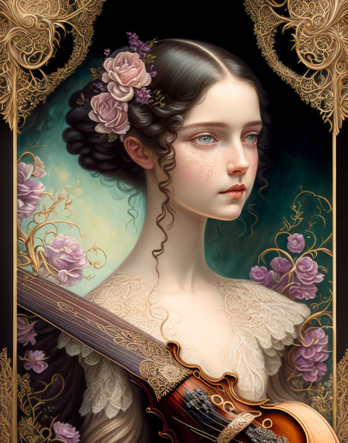 Portrait of Woman with Pale Skin, Dark Hair, Violin, Pink Flowers, Golden Patterns, Purple