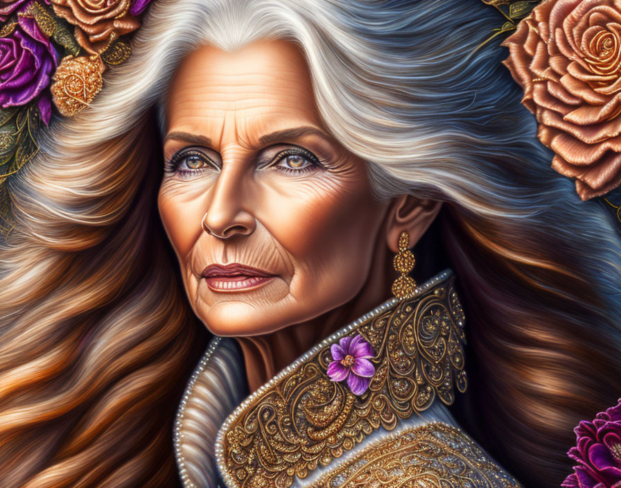 Elderly woman illustration with blue eyes, gray hair, gold and purple regal attire