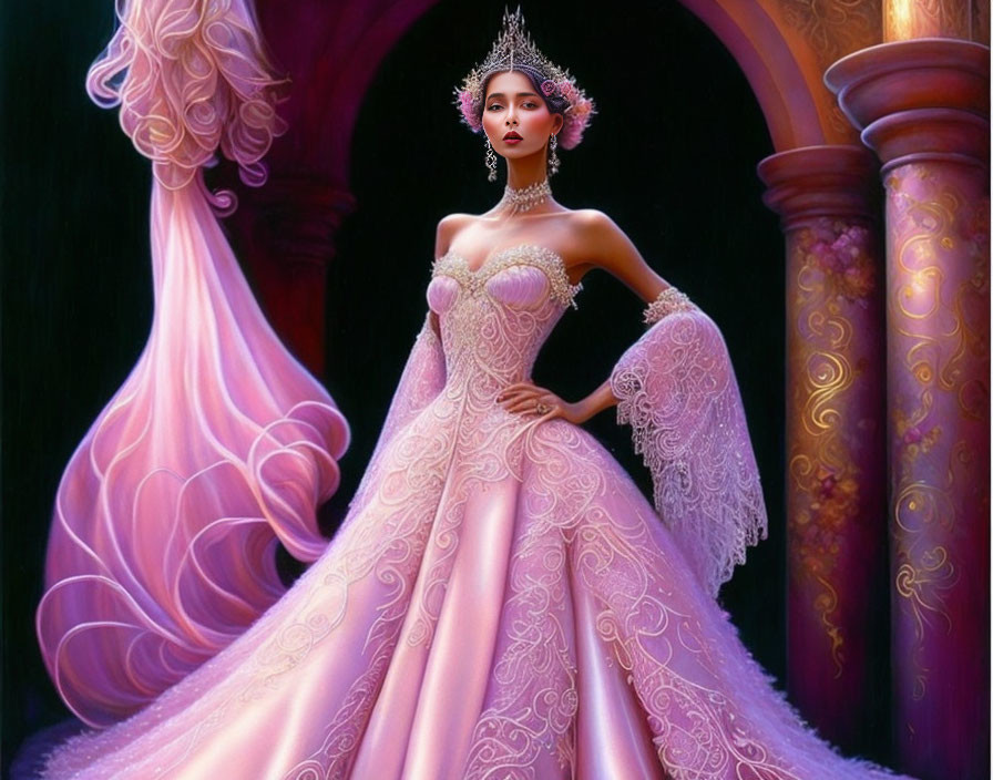 Elegant woman in pink ball gown with pearl necklace