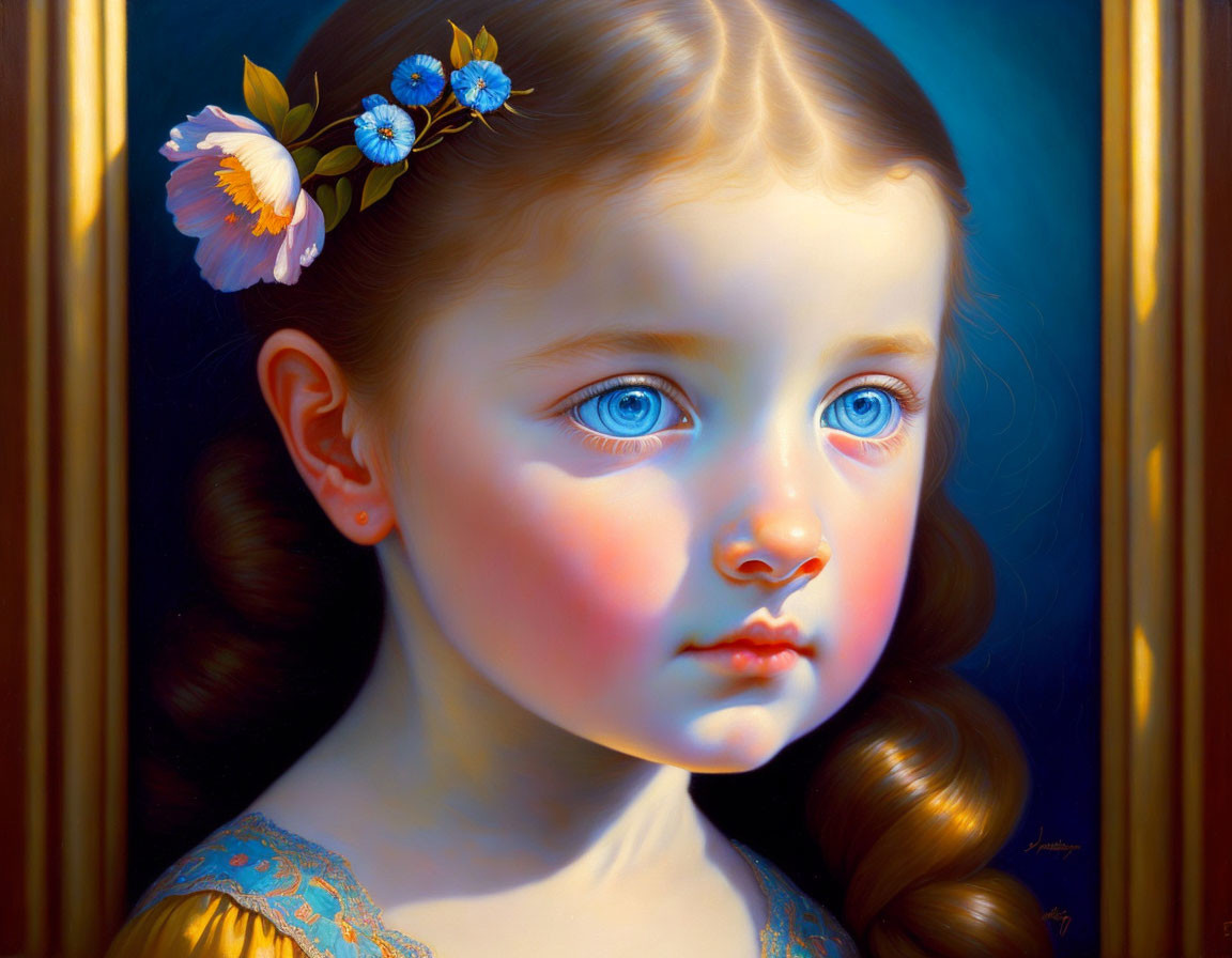 Detailed portrait of a young girl with large blue eyes and floral hairpiece