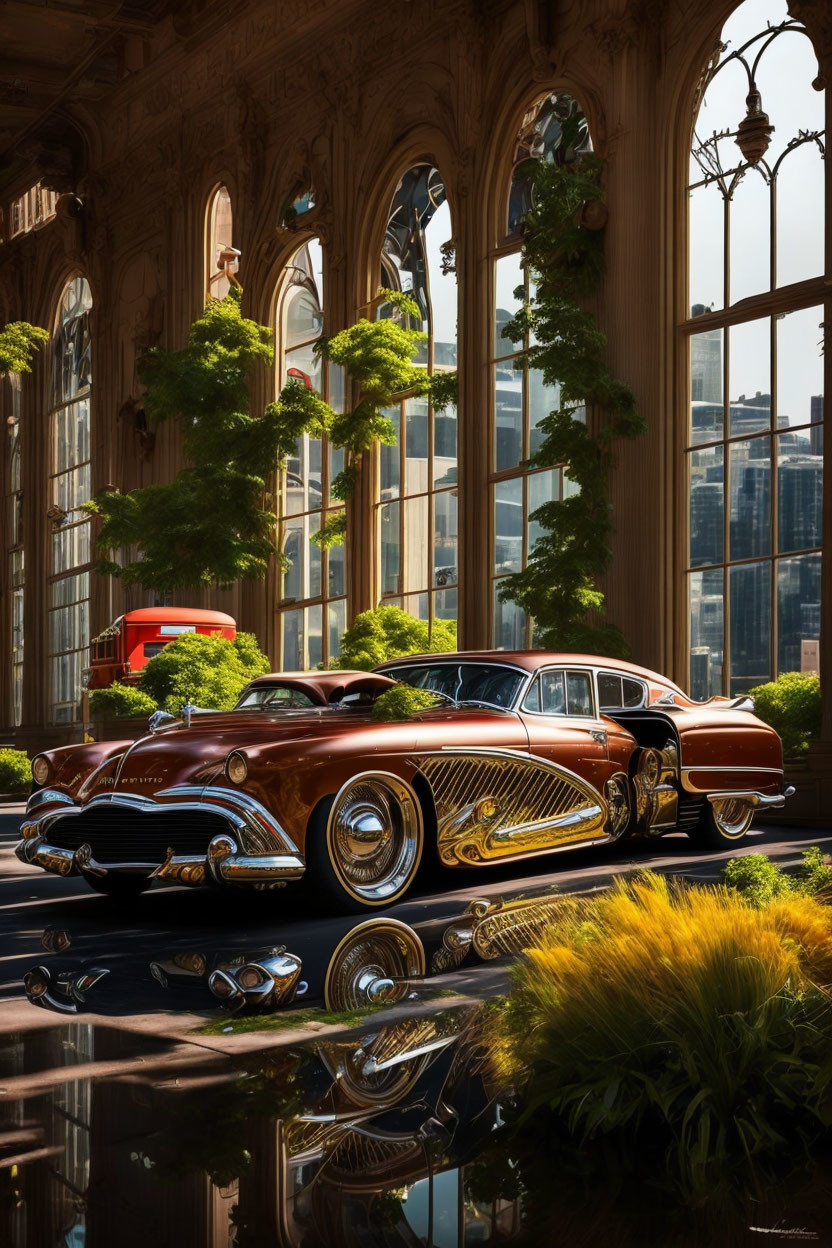 Vintage Cars Parked Inside Ornate Building with Sunlight and Arched Windows