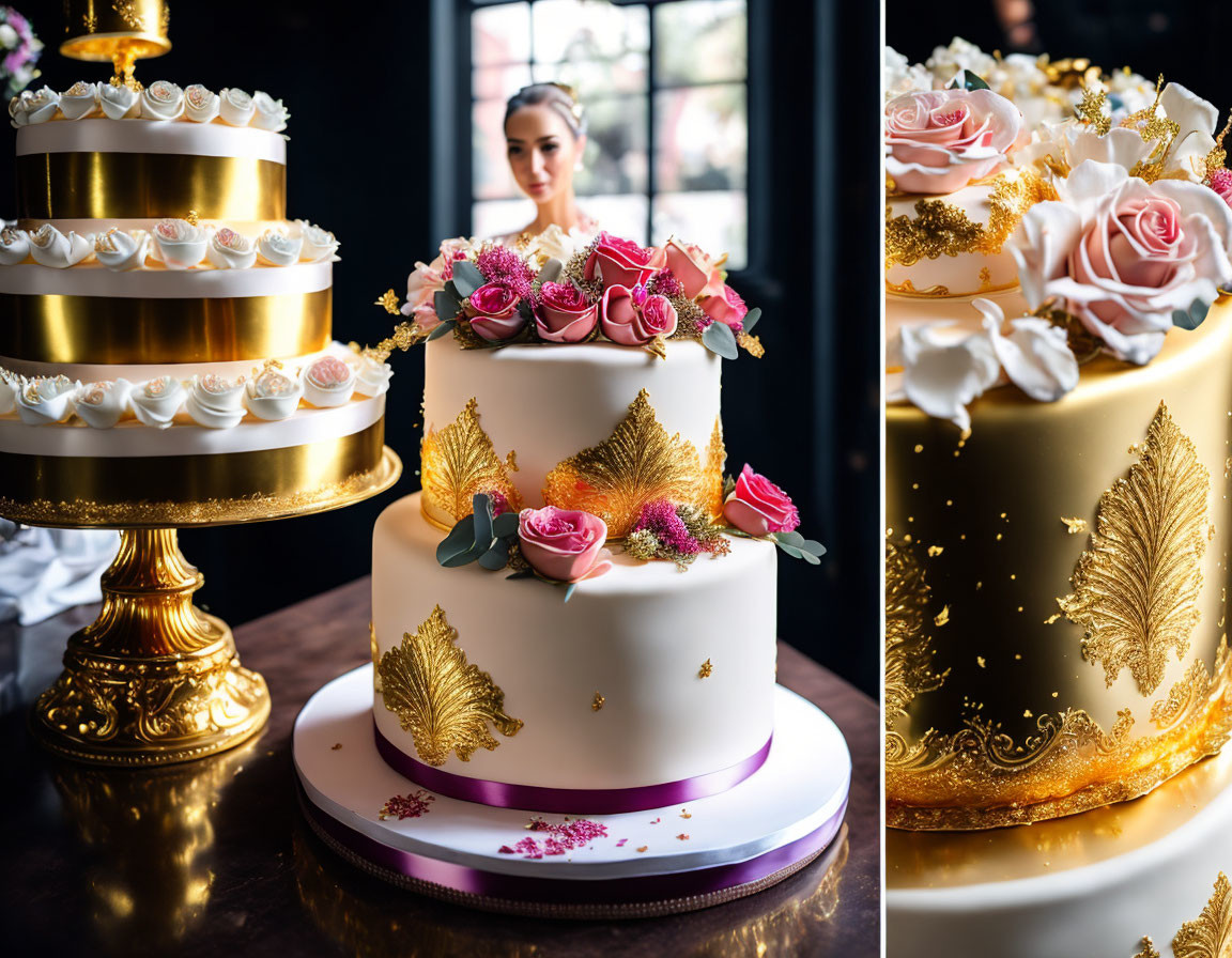 Elegant Three-Tiered White and Gold Wedding Cake with Floral Decorations