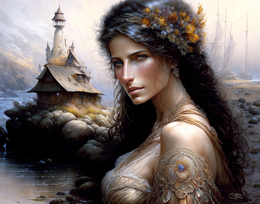 Fantasy artwork: Woman with flowers, lighthouse, ships in mystical maritime scene