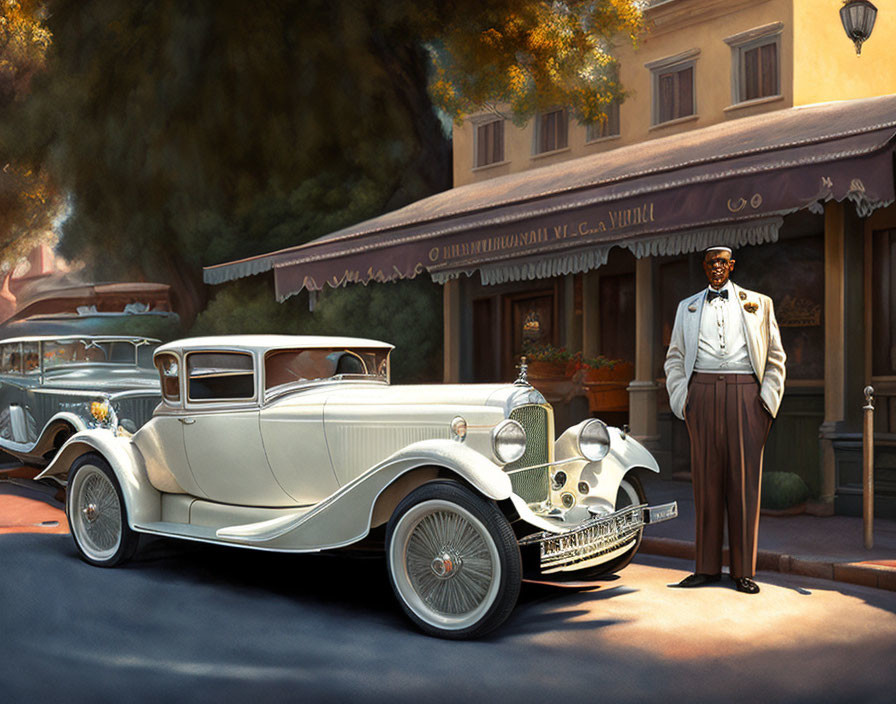 Digital artwork of gentleman in vintage uniform with luxury car on sunny street