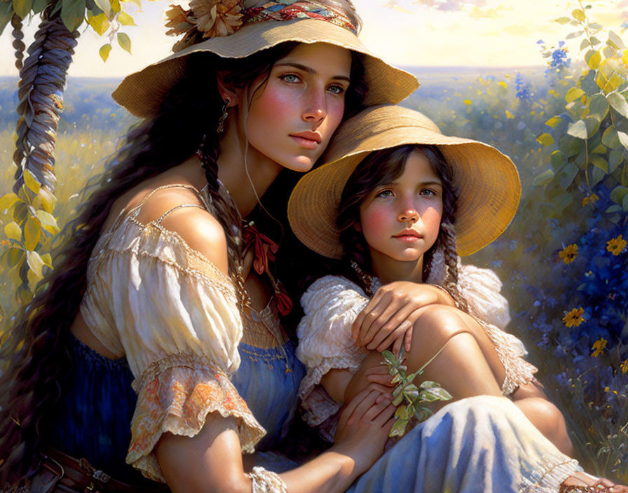 Two girls in vintage dresses and straw hats in a flower field with reflective elder.