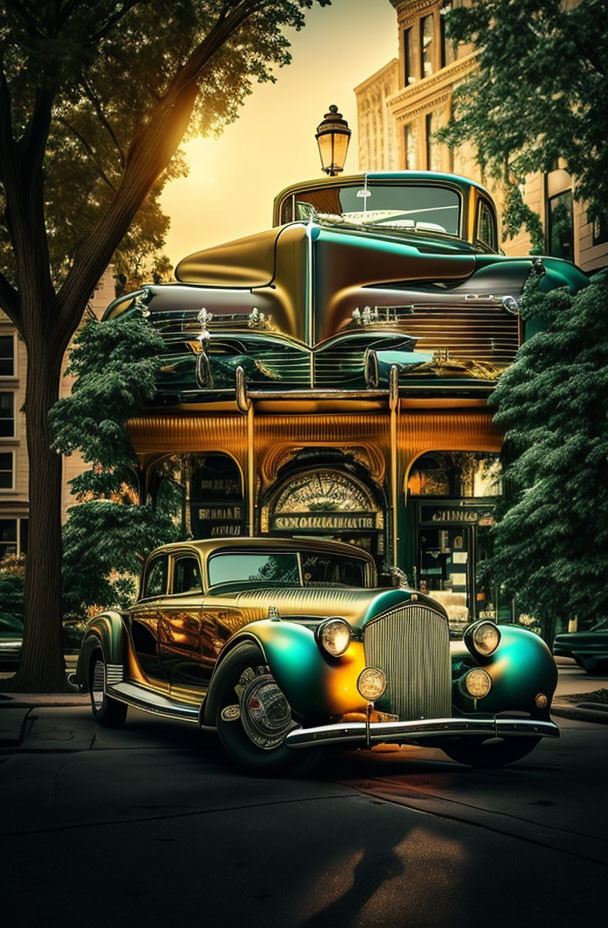 Vintage Car Parked on City Street at Sunset with Buildings and Trees in Background