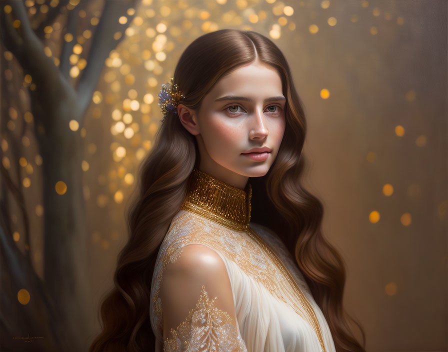 Portrait of woman with long wavy hair and golden headpiece in elegant white and gold dress.