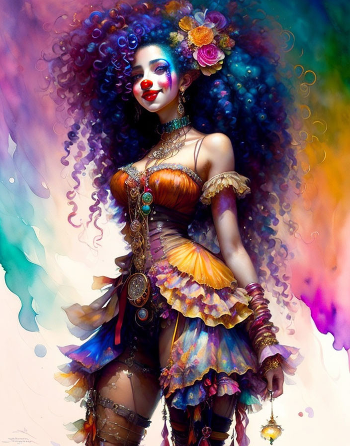 Vibrant portrait of a woman with curly hair and circus attire