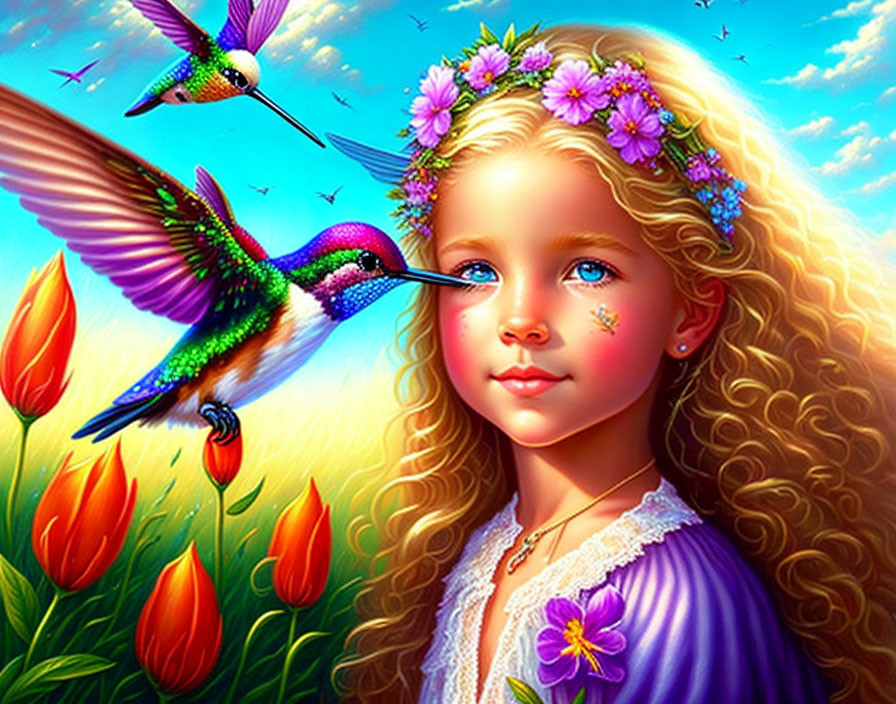 Vibrant digital art: young girl with floral headband and hummingbird among tulips under blue