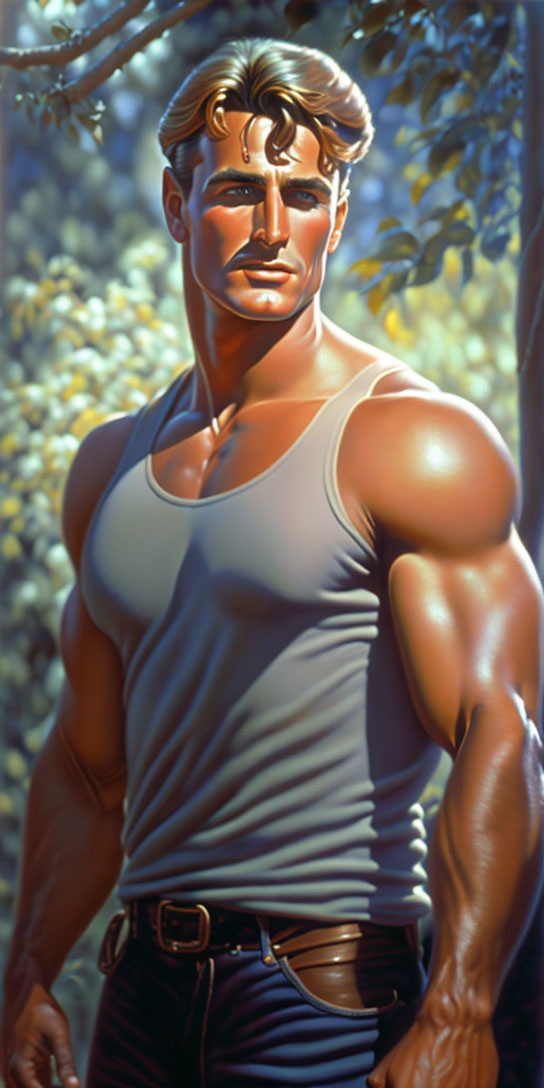 Muscular blond man in tank top standing among trees