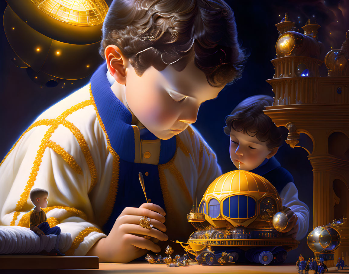 Child in regal attire assembling golden model structure with smaller figure in warm light