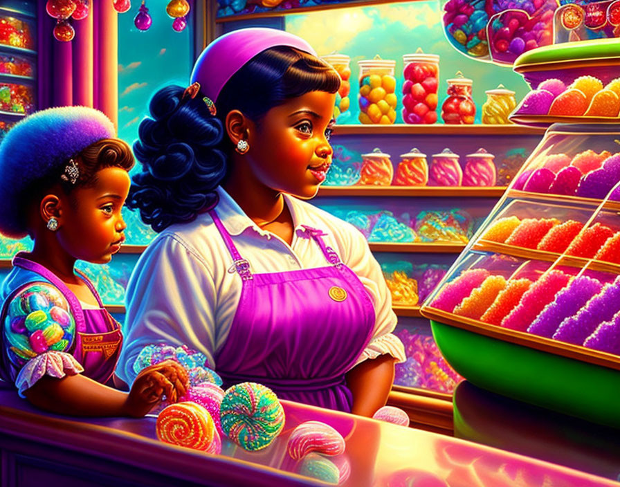 Colorful Candy Store Illustration: Two Girls Admiring Sweets