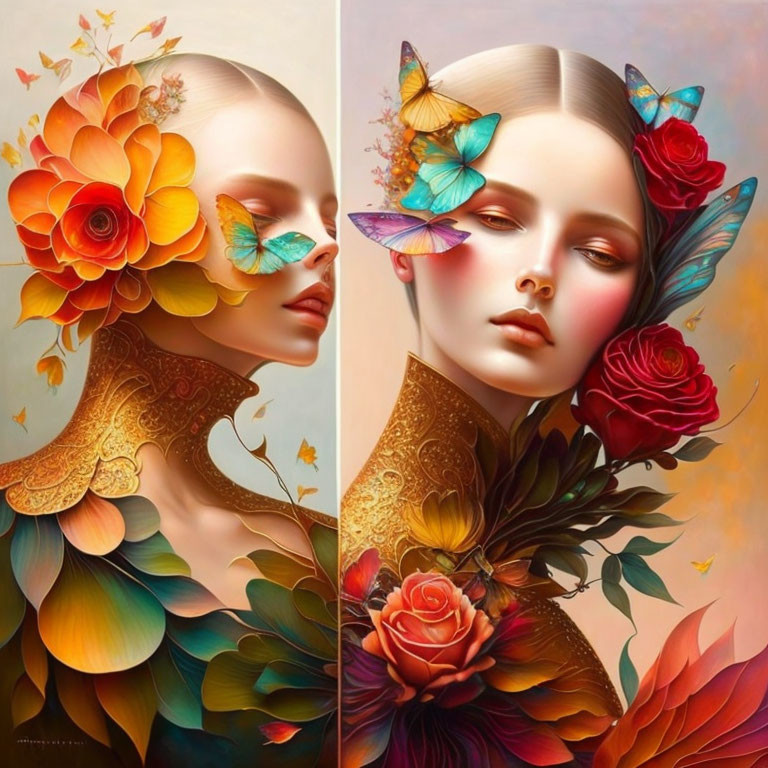 Two women illustration with floral and butterfly motifs and vibrant colors