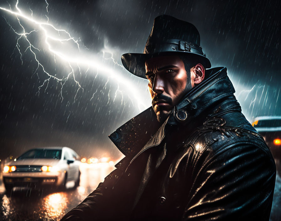 Man in Leather Coat and Hat Standing in Rain with Lightning and Car Headlights