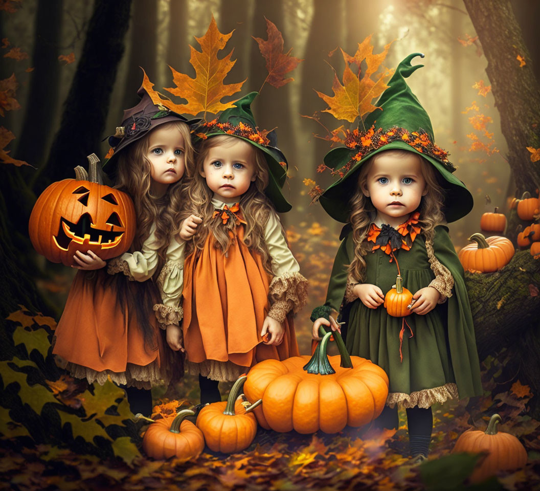 Children in witch costumes with pumpkin accessories in autumn forest.