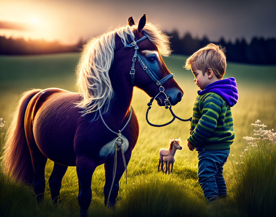 Young boy in green jacket meets brown horse in field at sunset