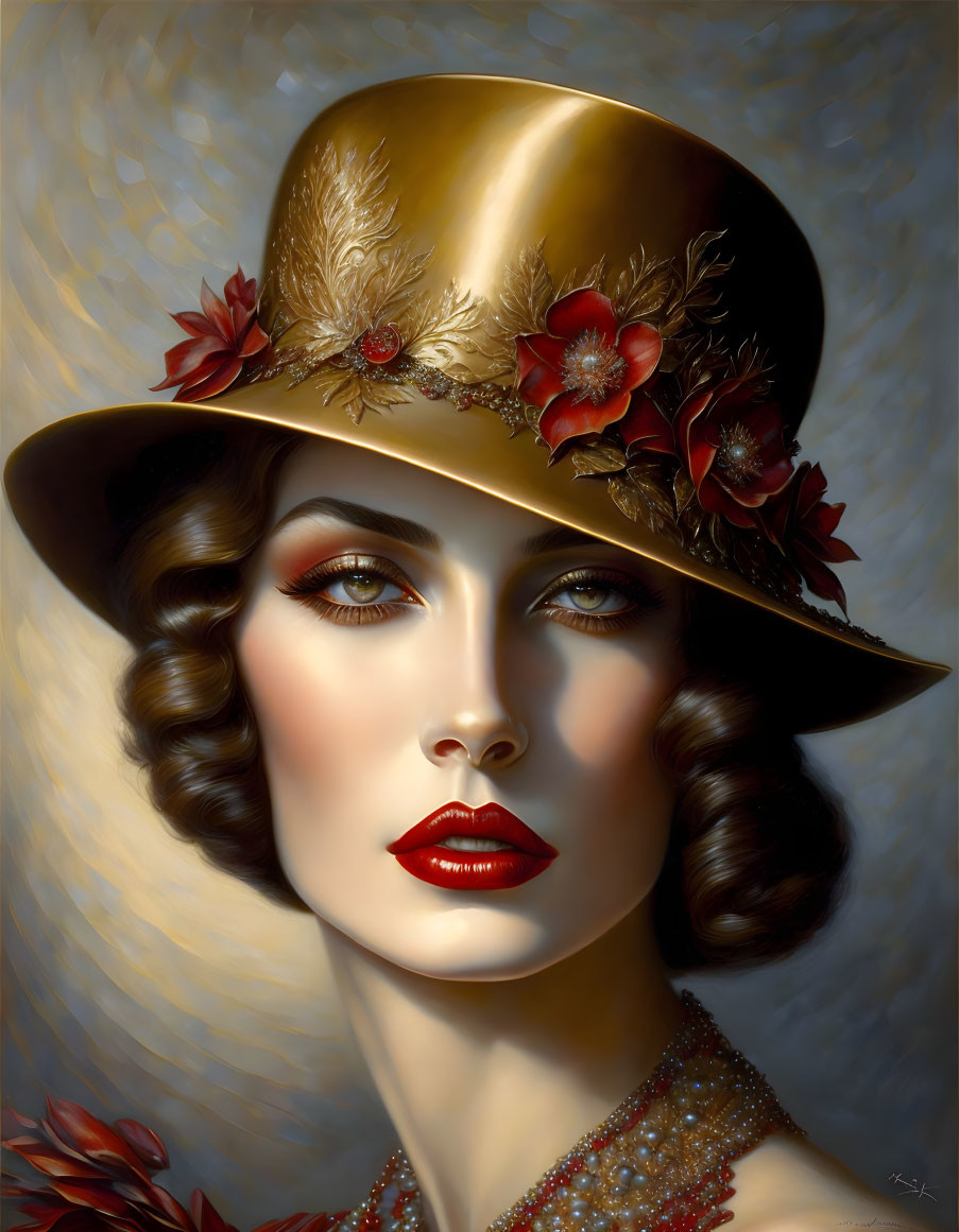 Vintage-style portrait of a woman with wavy hair, red lips, and a golden hat adorned with