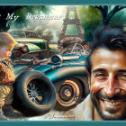 Colorful vintage car surrounded by foliage, flowers, and citrus fruits with child's face.