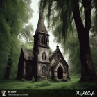 Gothic-style church in misty forest with towering trees