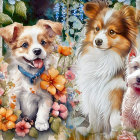 Illustrated dogs in colorful garden with flowers