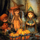 Children in witch costumes with pumpkin accessories in autumn forest.