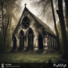 Abandoned Gothic-style church in misty forest with sunlight filtering through trees