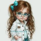 Young girl portrait with curly brown hair, blue eyes, white floral jacket, blue bow