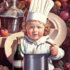 Two cute babies in chef attire in kitchen setting, one with tall chef's hat.