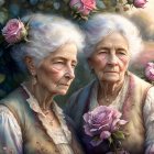 Detailed Faces of Two Elderly Women Surrounded by Pink Roses