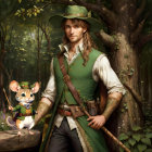 Stoic person in pirate costume with cat in forest setting